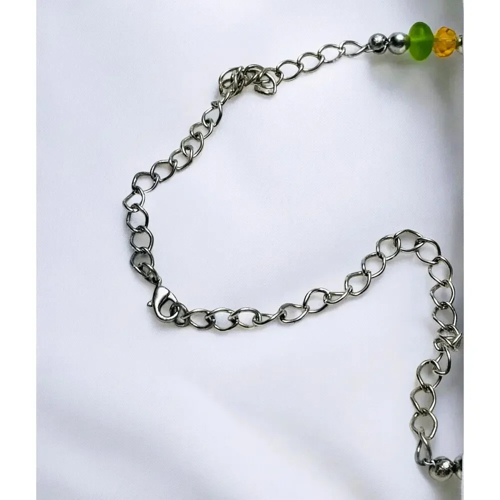 Frosted Sea Glass, Iridescent Crystal, Silver Ball Beaded Loop Link Necklace
